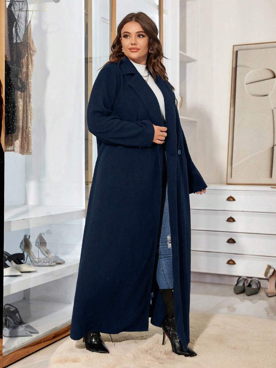 Celure Double-breasted Solid Color Long Coat - Navy Blue - View 1