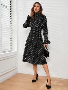 GENKIRA 女性隨機波點長袖洋裝 - 黑與白 - 查看 4