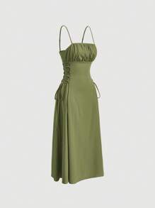 SHEIN MOD Ruched Bust Lace Up Side Cami Dress - Green - View 3