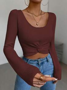 Chiquease Knitted Crop Top With Twist Detail And Large Round Neckline - Burgundy - View 1