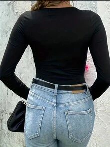 SHEIN LUNE Letter Printed Bodysuit - Black - View 2