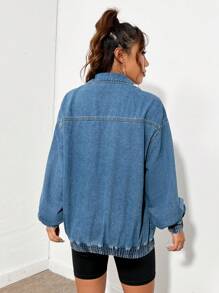 SHEIN ICON Half Zipper Slouchy Denim Top With Drop Shoulder, Fall Women Clothes - Blue - View 2