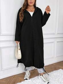 SHEIN Frenchy Plus Size Long Hooded Sweatshirt - Black - View 5