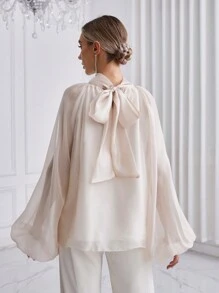 Firerie Women's Stand Collar Lantern Sleeve Back One Shoulder Shirt - Apricot - View 4