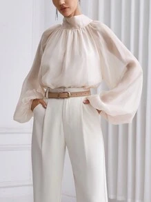 Firerie Women's Stand Collar Lantern Sleeve Back One Shoulder Shirt - Apricot - View 3