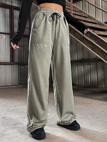 SHEIN Unity 女士高腰束口寬腿褲 - 綠色 - 查看 5