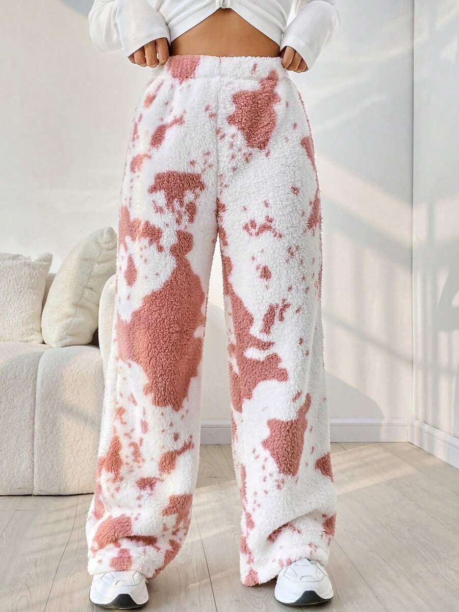 SHEIN EZwear Tie Dye Wide Leg Teddy Pants - Pink - View 1