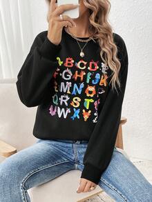 SHEIN LUNE Lỏng lẻo phù hợp Vòng cổ Áo nỉ Với In Khẩu hiệu Và Thả vai - màu đen - Xem 4