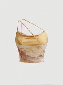SHEIN MOD Một bờ vai Xù Nhuộm buộc Lưới Áo - Màu vàng - Xem 2