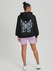 Threesuture Butterfly Print Drop Shoulder Hoodie - Black - View 5