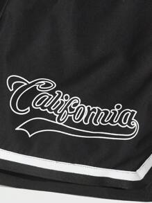 ROMWE MEN Prep Guys Letter Striped Trim Shorts - Black - View 4