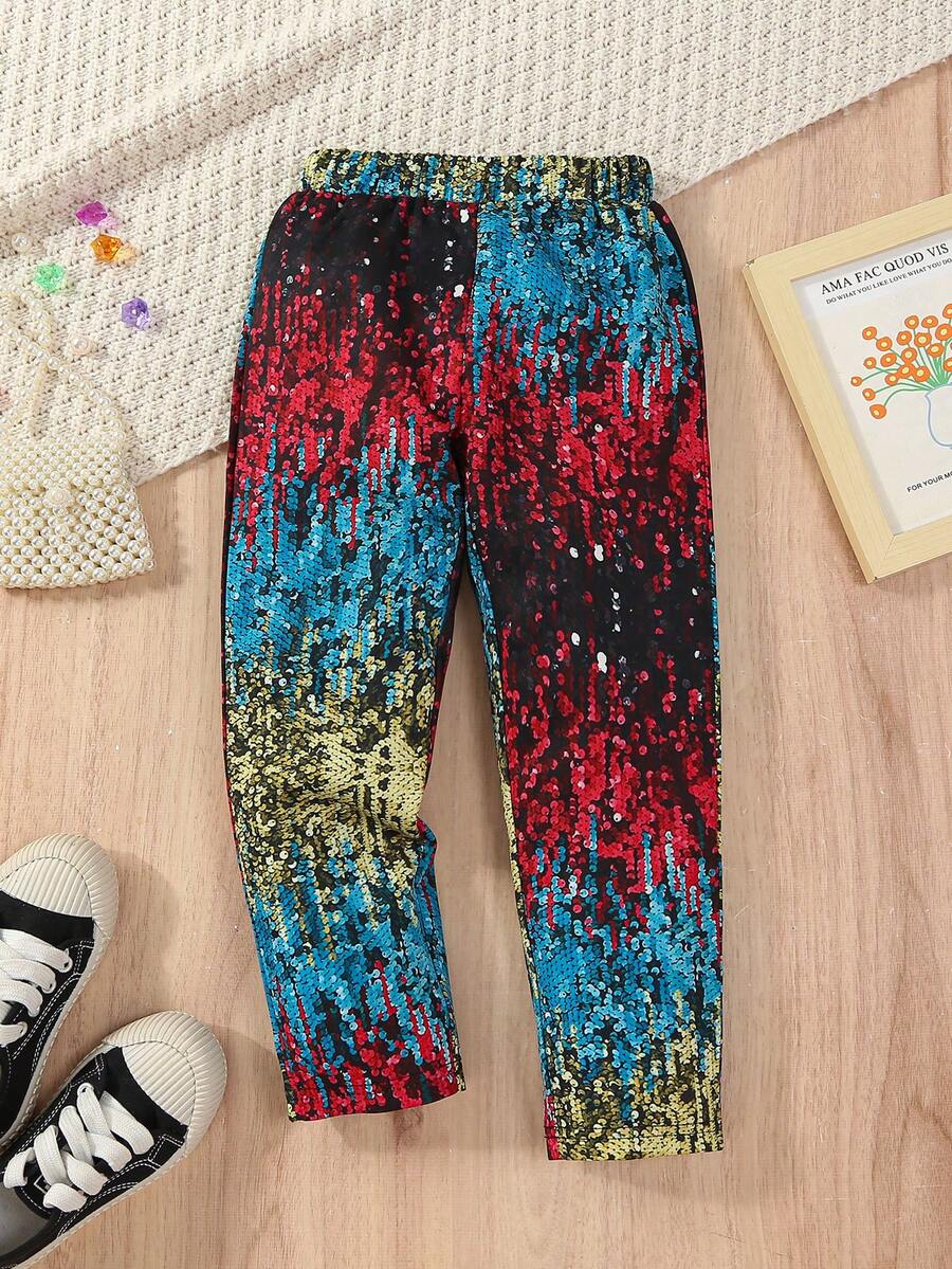 SHEIN Little Girls' Personalized Sequined Long Pants For Spring And Autumn - Multicolor - View 1