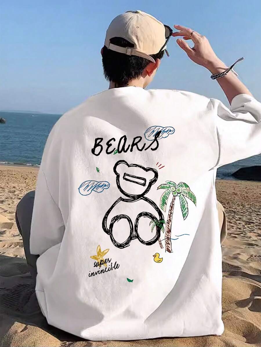 男士寬鬆t恤,背後印有卡通熊圖案 - 白色 - 查看 1