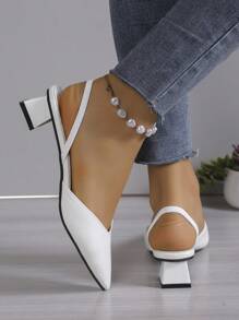 Women's Minimalist Elegant Chunky Heel Pumps With Fashionable Ankle Strap High Heels, White