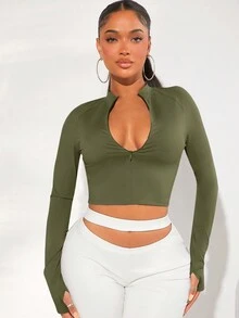 SHEIN SXY Women's Stand Collar Half Zipper Cropped T-shirt - Army Green - View 4
