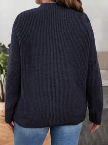 SHEIN LUNE 大碼落肩袖條紋針織套頭毛衣 - 藏蓝色 - 查看 2