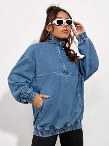 SHEIN ICON Half Zipper Slouchy Denim Top With Drop Shoulder, Fall Women Clothes - Blue - View 6