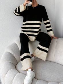 RueChic Striped Pattern Drop Shoulder Sweater & Knit Pants - Black and White - View 5