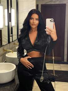 SHEIN SXY Của phụ nữ Mịn màng Xếp li Crop Blazer & Quần xếp chồng lên nhau Bộ - màu đen - Xem 3