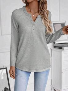 EMERY ROSE Của phụ nữ Màu thuần Raglan Tay áo dài Áo thun Với nút Chi tiết - Màu Xám nhạt - Xem 4