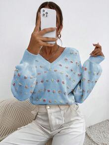SHEIN Essnce 女士燈籠袖v領套頭毛衣 - 藍色 - 查看 4