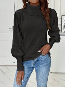 Calvaya Solid Color Turtleneck Lantern Sleeve Sweater,Long Sleeve Tops
