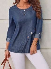 SHEIN LUNE Women's Round Neck Denim Top - Blue - View 4