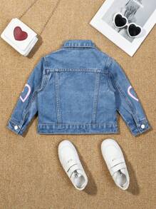 SHEIN 女嬰心形圖案假口袋牛仔夾克 - 中等水洗藍 - 查看 2