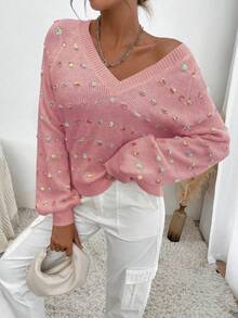 SHEIN Essnce 女士休閒寬鬆拉幹袖毛衣 - 藕粉色 - 查看 3