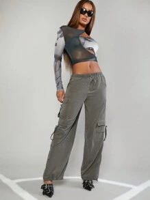Hauture 净色翻盖口袋抽绳腰部工装裤 - 深灰色 - 查看 3
