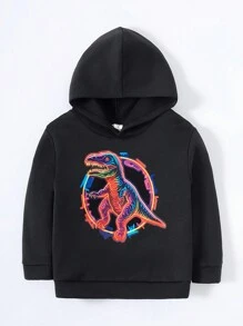 SHEIN 男童休闲宽松恐龙印花卫衣，带保暖内衬 - 黑色 - 查看 1