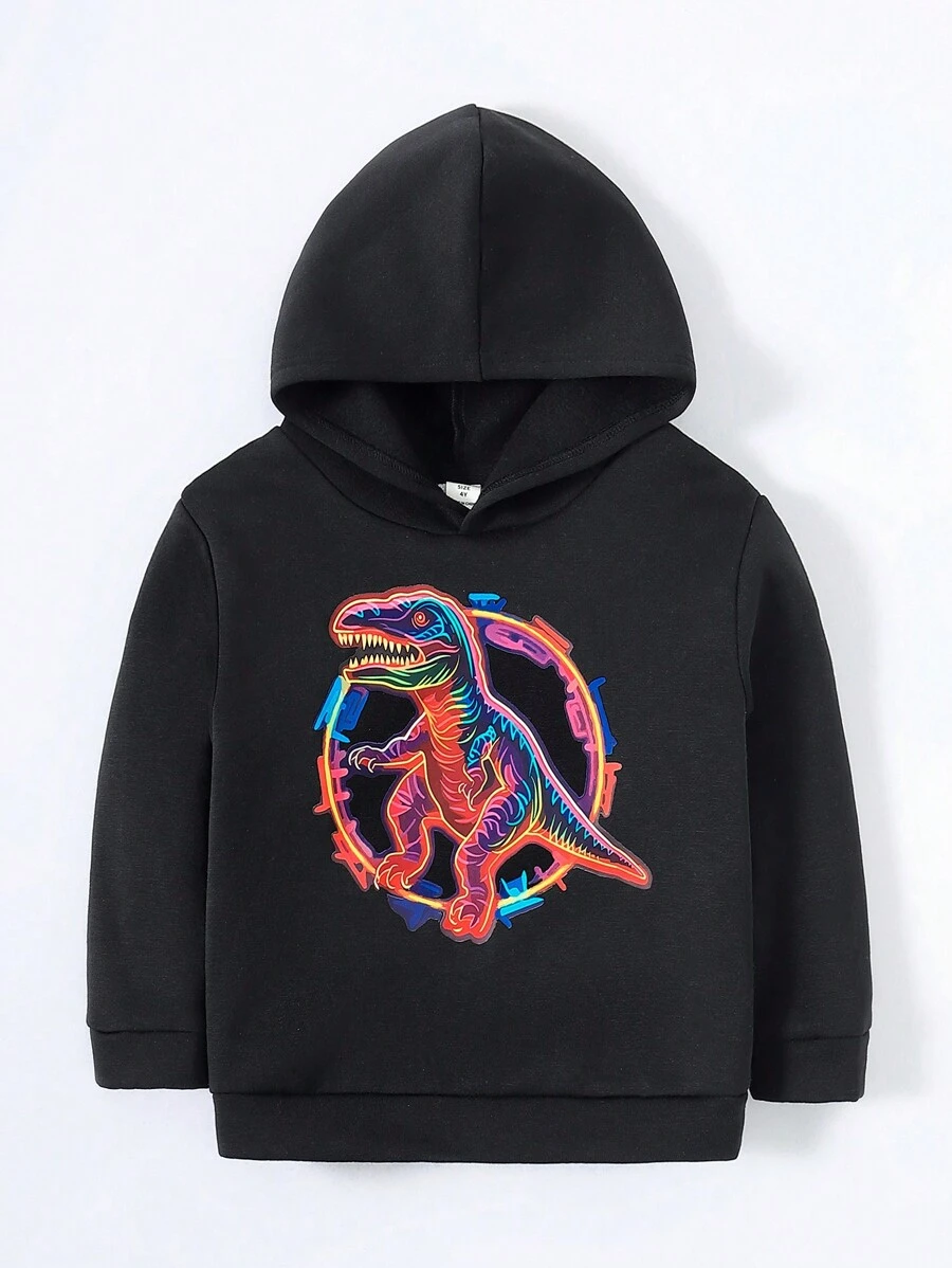 SHEIN 男童休闲宽松恐龙印花卫衣，带保暖内衬 - 黑色 - 查看 1