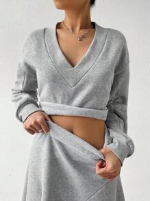 Chiquease V-Neck Folds Drop Shoulder Fleece Sweatshirt And Asymmetric Hem Skirt Autumn And Winter Two-Piece Set Fall Cloth For Women - Light Grey - View 7