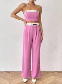 SHEIN Essnce Color Block Strapless Top And Straight Leg Pants Set - Red Violet - View 4