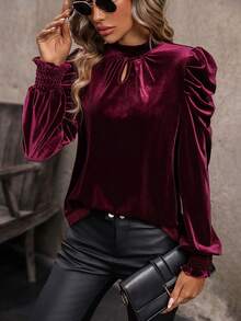 SHEIN Clasi Plush Keyhole Neckline Puff Sleeve T-shirt - Burgundy - View 5