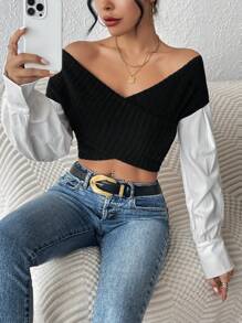 SHEIN Privé Top De Mujer Con Bloques De Color Y Hombros Cruzados - Blanco y Negro - Ver 6