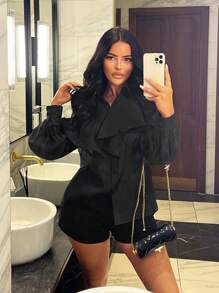 SHEIN SXY Năm mới Nhìn xuyên qua Ruffled Vòng cổ Áo sơ mi - màu đen - Xem 3