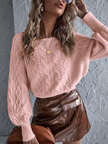 SHEIN LUNE Square Collar Solid Cable Knitted Sweater - Red - View 1