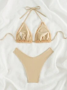 SHEIN Swim 蓬松拼接三角杯挂脖比基尼套装夏日海滩 - 卡其色 - 查看 2