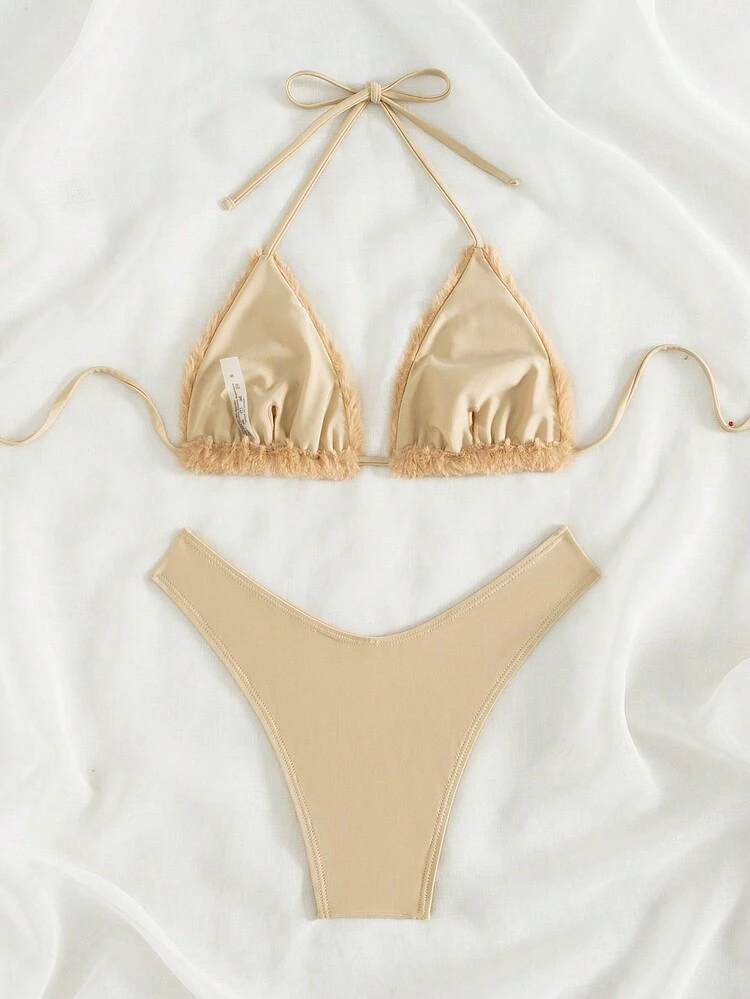 Fluffy Splice Triangle Cup Halter Bikini Set Summer Beach