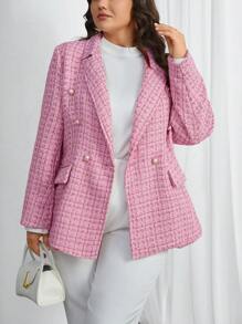 SHEIN Privé 女款大尺寸雙排扣粉紅格紋西裝外套 - 粉色 - 查看 3