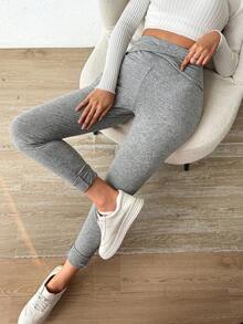SHEIN Essnce Solid Thermal Lined Leggings - Grey - View 7