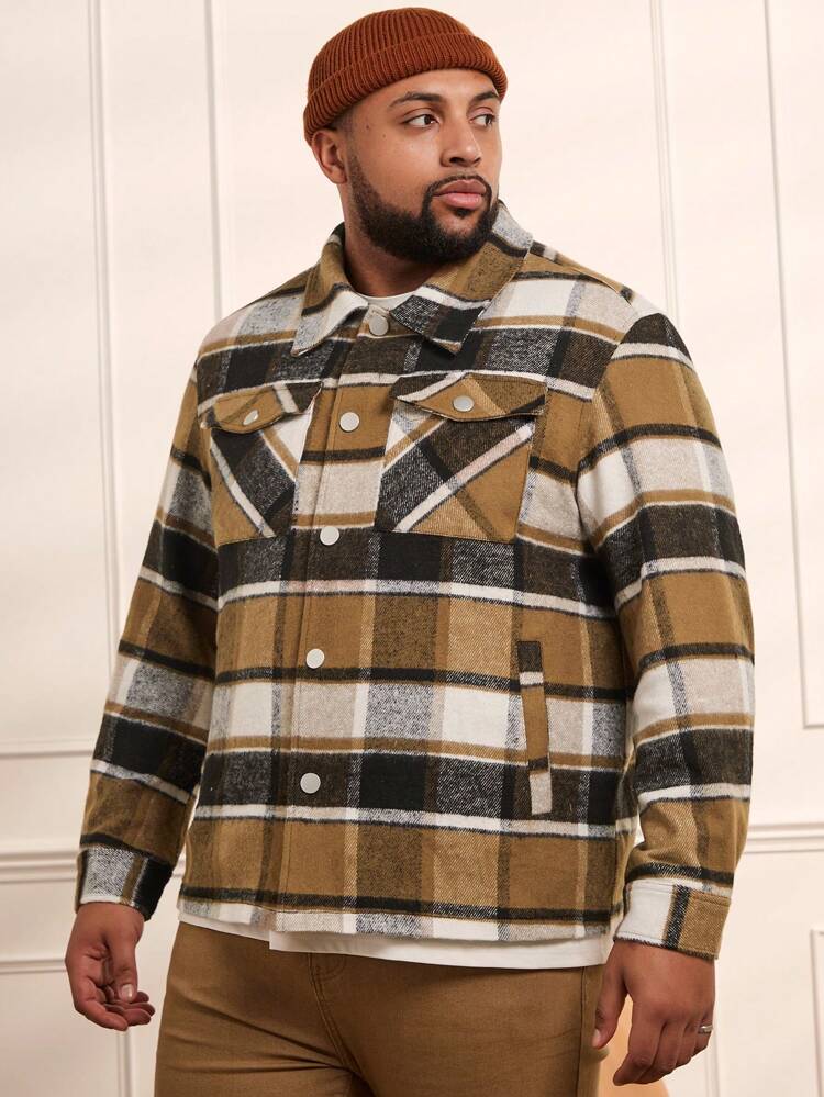 Men's Plus Size Woven Plaid Casual Woolen Jacket, For Fall Winter