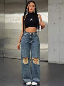 SHEIN ICON Pantalones De Pierna Ancha De Mezclilla - Azul lavado oscuro - Ver 5