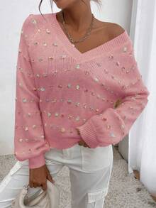 SHEIN Essnce 女士休閒寬鬆拉幹袖毛衣 - 藕粉色 - 查看 6