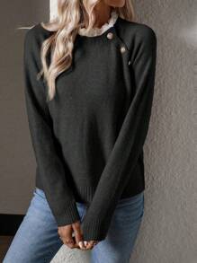 SHEIN LUNE Áo len nữ tay raglan phối ren và cúc, áo dài tay dệt kim kiểu dáng chui đầu mùa thu đông. - màu đen - Xem 6