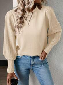 SHEIN Essnce 純色燈籠袖毛衣 - 杏色 - 查看 3