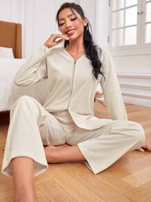 女士純色兩用拉鍊連身褲,適合家居穿著 - 白色 - 查看 1