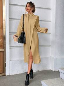 SHEIN Essnce Women's Solid Color Button Detail Wrap Front Cardigan - Apricot - View 5