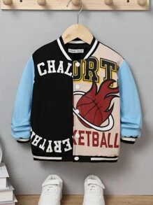 SHEIN Boys' Loose College Open Fly Basketball Pattern Jacket - Multicolor - View 1